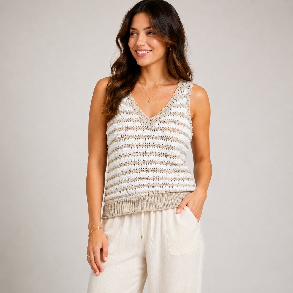 Boston Proper Women's S Crochet Knit Tank Top Metallic Cream Beige Boho Resort